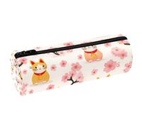 VAPOKF Maneki Neko - Estuche de piel con diseño de gatos y cerezas, estuche para lápices, monedero, cosméticos, bolsa de maquillaje para estudiantes, papelería, escuela, oficina