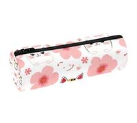 VAPOKF Maneki Neko - Estuche de piel sintética con estampado de cereza y cara de gato, bolsa organizadora de papelería para estudiantes, bolsa de maquillaje para mujeres, niñas, niños, suministros