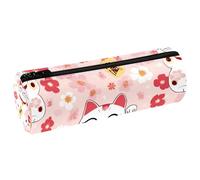 VAPOKF Maneki Neko - Estuche de piel sintética con estampado de flores de cerezo y gatos, bolsa organizadora de artículos de papelería para estudiantes, bolsa de maquillaje para mujeres, niñas, niños