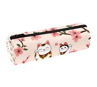VAPOKF Maneki Neko - Estuche de piel sintética con estampado de gatos y cerezas, bolsa organizadora de artículos de papelería para estudiantes, bolsa de maquillaje para mujeres, niñas, niños