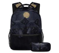 VAPOKF Night Wolf - Juego de mochila escolar con diseño de luna llena para adolescentes, niñas, niños, estudiantes, mochila con estuche para lápices para primaria, secundaria, secundaria y secundaria