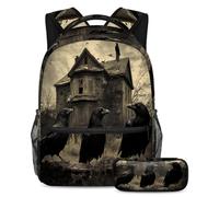 VAPOKF Ravens on Abandoned House - Juego de mochila escolar para adolescentes, niñas y niños, mochila para estudiantes, mochila con estuche para lápices para primaria, secundaria, secundaria y