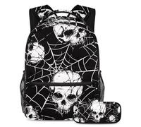 VAPOKF Skulls on Spider Web - Juego de mochila escolar para adolescentes, niñas, niños, estudiantes, mochila con estuche para lápices para primaria, secundaria, escuela secundaria y secundaria,