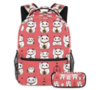 VAPOKF Tradition Maneki Neko Cats - Juego de mochila escolar para adolescentes, niñas, niños, estudiantes, mochila con estuche para lápices para primaria, secundaria, secundaria y secundaria