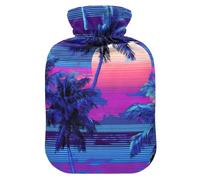 Vapor Wave Style - Botella de agua caliente con diseño de árbol tropical, color azul sol, con cubierta suave, botella de agua tibia de 2 litros para cama para calambres menstruales, alivio del dolor