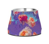 Vapor Wave Style Flowers Purple Red Feeder Dog Bowls Enhanced Stainless Steel Pet Dish Bowl for Slow Feed Dogs Comfort Feeding