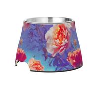 Vapor Wave Style Flowers Purple Red Raised Pets Water Bowl Elevated Stainless Steel Pets Bowl Stand for Loving Pet Comfort Feeding