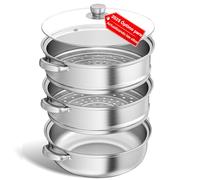 Vaporera de acero inoxidable de 28 cm con cesta vaporera, batería de cocina de 3/4/5 niveles con tapa para cocinar verduras, mariscos, sopas, guisos y pastas (3)