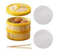 Vaporera de bambú de 2 niveles con tapa, cesta de vapor asiática con 2 niveles de 20 cm de diámetro, con 2 paños de algodón y pinzas para dumplings, verduras, arroz, carne y pescado