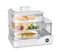 Vaporera Eléctrica de 3 Niveles y 24L con Temporizador Programable de 24H. Salida de Vapor Rápida, Apagado por Falta de Agua y Bandeja para Cocción Saludable Sin Aceite.