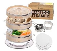 Vaporizador de bambú de bola de masa de 10 pulgadas 2 niveles cesta de madera con asa, adaptador de anillo, forro de silicona reutilizable, kit para cocinar bebé Bao Bun, Dim Sum, Potsticker de arroz al vapor comida asiática china y verduras