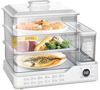 Vaporizador eléctrico de 3 niveles, 24 L, gran capacidad, apilable, para verduras, arroz, huevos, mariscos, apagado automático y protección contra hervir en seco, temporizador digital con inicio