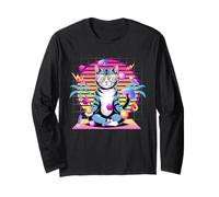 Vaporwave Retro Synthwave de los 80, Cool Cat, meditando Manga Larga