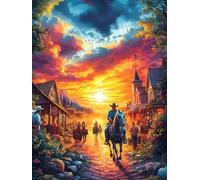 Vaquero cabalgando hacia un Pueblo al Atardecer Puzzle 1000 Piezas Papel Mayores Dibujo Animado de Paisajes de Cuento de Hadas Terapia Ocupacional Entretenimiento Sin Pantalla para N