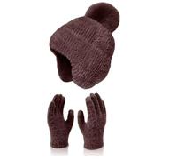 Vaquero marrón niño cálido lindo Wool Hat Scarf Gloves Three Pieces Winter Knit Cap Screen Mittens Scarves Sets Hombre Bob, café, Talla única