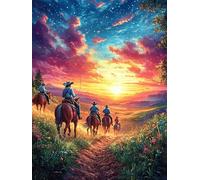 Vaqueros a Caballo al Atardecer Puzzles 500 Piezas Maquetas Educativas Detalladas Animales Salvajes y domésticos Rompecabezas para Familia Construir DIY Aliviar Estrés Decoración Hogar 500 PCS