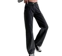 Vaqueros Anchos de Talle con Delantera Jeans de Pierna Ancha para Mujer Pantalones Vaqueros Cruzados de Tiro con Pernera Ancha y Bolsillo con Botones Pantalones Rectos Vaqueros para Mujer (Black, M)