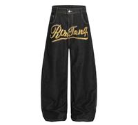 Vaqueros Anchos Mujer Bordados Barrel Leg Cintura Alta Script Letras Denim Y2K Streetwear Baggy Oversize Vaqueros Pantalón Azul Negro-color2||XX_l