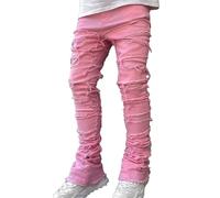 Vaqueros Apilados para Hombres Slim Straight Skinny Distressed Denim Pants Destruidos Jeans Streetwear (Pink,M)