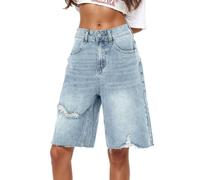 Vaqueros Cortos Mujer Jean Largos Ancho Shorts Mujer Jeans Bolsillo Anchos Retro Cintura Alta Pantalón Corto Mujer Rectos Rotos Bermudas Mujer Verano (Azul, S)