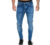 Vaqueros de Motocicleta para Hombres Slim Fit cómodo Estiramiento desgarrado Pantalones Vaqueros Rock (Blue,M)