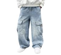 Vaqueros de Trabajo Niño Pantalones Rectos Holgados Vaqueros con Varios Bolsillos Jeans Vintage de Pierna Ancha Pantalones Elásticos Ropa Casual para Niños Jeans para Calle y (Blue, 9-10 Years)