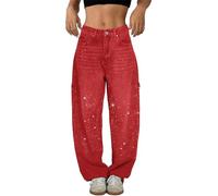 Vaqueros Mujer con Brillo Cintura Alta Baggy, 2025 Primavera Moda Pantalones Denim con Diamantes de Imitación Curvy Pantalones de Brillo Anchos Pantalones de Brillo Casual Vaqueros Rectos de Pierna