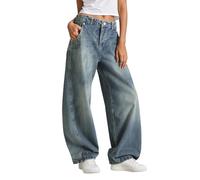 Vaqueros Mujer Elasticos Anchos Pantalones Vaqueros de Tiro Lavados con Dobladillo Curvo para Pierna Ancha cómodos elásticos Uso Diario Informal (Blue, S)
