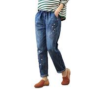 Vaqueros Mujer Mujer Casual Cómodo Bordado Literario Elástico Cintura Alta Corte Pantalones Jeans Pantalones Vaqueros Anchos Mujer Vaquero Mujer (Dark Blue, L)