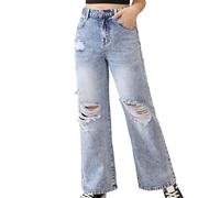 Vaqueros NiñA-Pantalones Vaqueros Desgastados De Pierna Ancha para NiñAs Adolescentes con Lavado De Nieve, Pantalones Vaqueros De Cintura Alta, Casuales, Holgados, para NiñOs Grandes Y JóVenes.