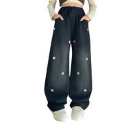 Vaqueros para niña con pierna ancha de primavera, y modelos para vaqueros retro medianos y grandes de pierna ancha y pantalones rectos Pantalones casuales holgados de moda para niñas, Negro , 10-11