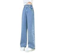 Vaqueros para niña con pierna ancha, primavera y modelos para vaqueros retro medianos y grandes de pierna ancha y pantalones rectos, pantalones casuales holgados y modernos, azul, 10-11 años