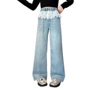 Vaqueros para niñas, Pierna Recta Informal, Ribete de Encaje, diseño de Pierna Ancha, válidos para otoño y Primavera cálidos