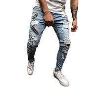 Vaqueros Slim para Hombre Originales Skinny Pantalones de Mezclilla Desgastados para Hombre Casual Rotos Pitillo Denim pantalón Slim fit Jeans con Cremallera (S, Azul)