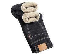 Vaqueros térmicos forrados para hombre pantalones de nieve con forro polar pantalones de invierno de lana de cordero cálido corte recto jeans casuales para el trabajo, Negro , S