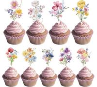 VARACL 36pcs Toppers de cupcakes de cumpleaños de flores silvestres, Cake de flores Toppers Baby In Bloom Baby Shower Decoraciones para pasteles para bodas Decoración de la fiesta de té Fairy Spring
