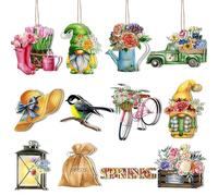 VARA dornos colgantes de madera de primavera, corona de flores de primavera, gnomo, pájaro, camión, rebanada de madera, decoraciones colgantes para árbol, decoración del hogar, recuerdo de fiesta