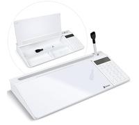 Varhomax Pizarra blanca de escritorio de cristal con calculadora, pizarra blanca de borrado en seco con almacenamiento, bloc de notas de lista de tareas para el hogar y la oficina