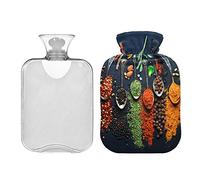 Varias especias hierbas en cuchara botella de agua caliente con tapa, bolsa de agua caliente de 2 litros para alivio del dolor, calentador para calambres, terapia caliente