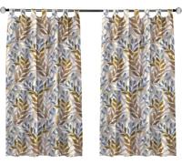 various Cortina Cocina de Estilo Hojas de Dorado y Azul 90 x 145cm,Tela Opaca Máxima Privacidad para Comedor,50% Algodón 50% Poliester 2 Paneles