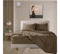 various Juego de Sábanas de Tejido Jersey Liso 100% Aglodón de 3 Piezas,Sábana Bajera Ajustable hasta 30cm,Encimera,Fundas de Almohada de 45x135cm. (Cama 135x190/200 cm, Camel)