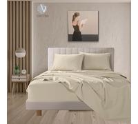 various Juego de Sábanas de Tejido Jersey Liso 100% Aglodón de 3 Piezas,Sábana Bajera Ajustable hasta 30cm,Encimera,Fundas de Almohada de 45x135cm. (Cama 135x190/200 cm, Arena)