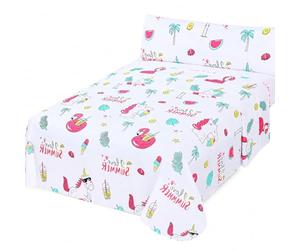 various Juego de Sábanas Infantil Cama 90, 3 Piezas con Sábana Bajera Ajustable, Encimera 165x260 cm y Funda de Almohada, 100% Poliéster, Diseño Unicornio y Flamenco Rosa y Blanco