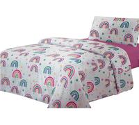 various Juego de Sábanas Infantil Cama 90 cm 3 Piezas, Sábana Bajera Ajustable Lila, Sábana Encimera y Funda de Almohada, 100% Poliéster, Diseño Arco Iris Blanco y Rosa