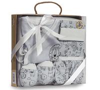 various Set Regalo Primera Puesta Bebé 5 Piezas,Diseño Animales Gris | Chaquetita,Polaina,Gorro,Babero y Manoplas,Algodón,Talla 0-6 Meses