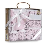 various Set Regalo Primera Puesta Bebé 5 Piezas,Diseño Animales Rosa | Chaquetita,Polaina,Gorro,Babero y Manoplas,Algodón,Talla 0-6 Meses