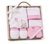 various Set Regalo Primera Puesta Bebé 5 Piezas,Diseño Elefante Rosa | Chaquetita,Polaina,Gorro,Babero y Manoplas,Algodón,Talla 0-6 Meses