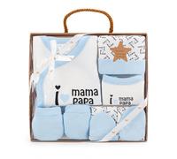 various Set Regalo Primera Puesta Bebé 5 Piezas,Diseño I LOVE MAMA Azul | Chaquetita,Polaina,Gorro,Babero y Manoplas,80% Viscosa de Bambú y 20% Algodón,Talla 0-6 Meses