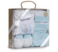 various Set Regalo Primera Puesta Bebé 5 Piezas,Diseño Sleep Azul | Chaquetita,Polaina,Gorro,Babero y Manoplas,Algodón,Talla 0-6 Meses