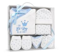 various Set Regalo Primera Puesta Bebé 5 Piezas,Diseño Soy el Rey Azul | Chaquetita,Polaina,Gorro,Babero y Manoplas,100% Algodón,Talla 0-6 Meses